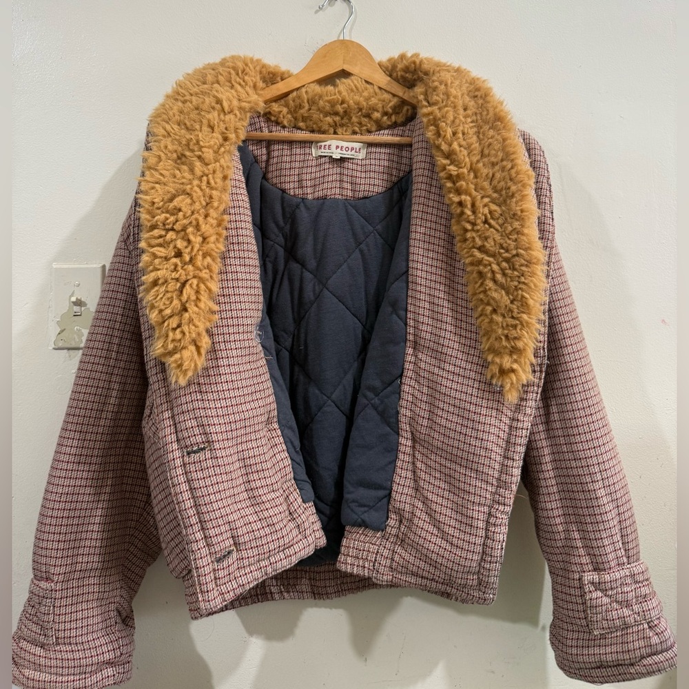 Free People Pink Plaid Jacket with Tan Faux Shearling Collar